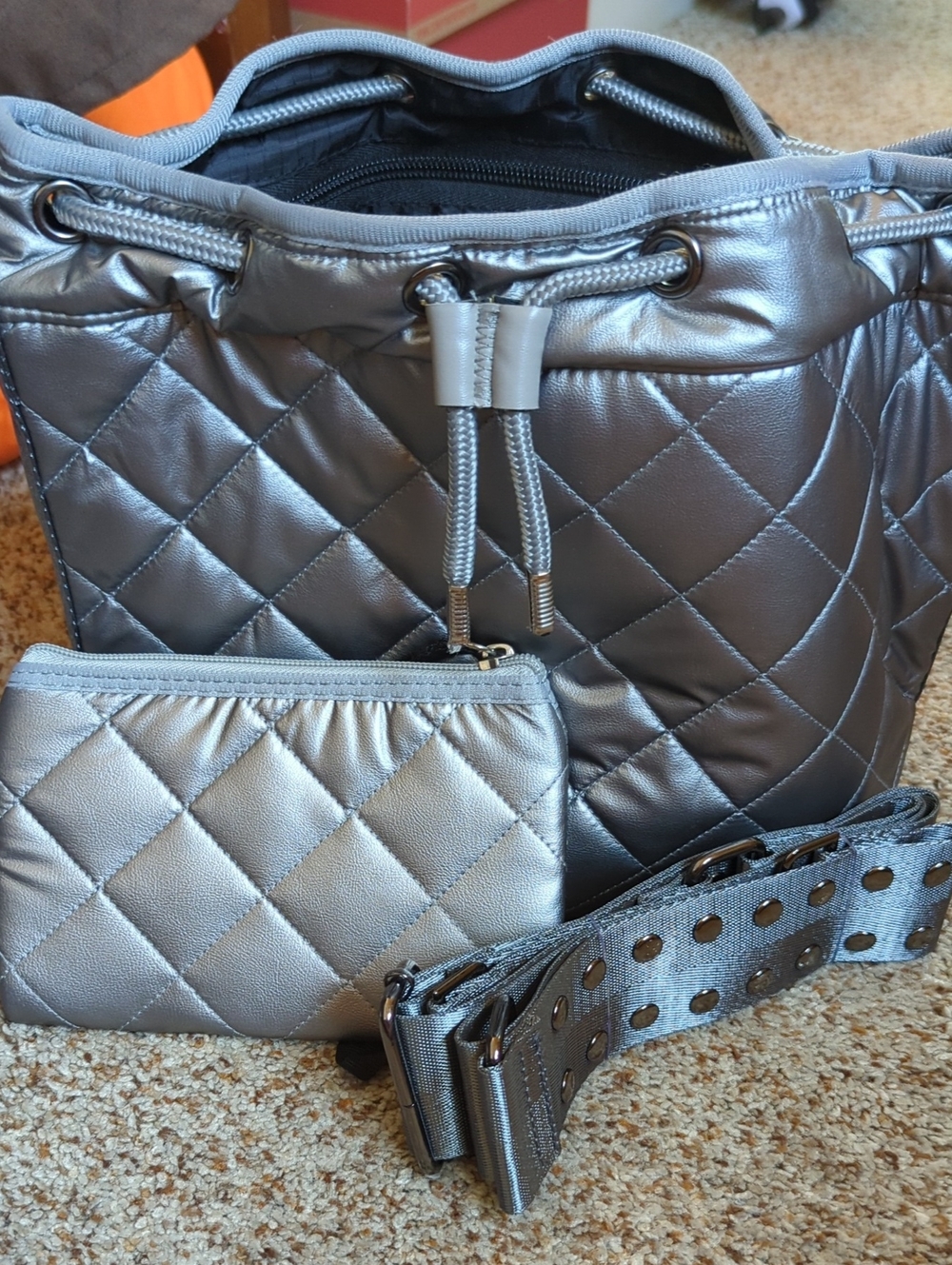 HAUTE SHORE Quilted Metallic Silver Shoulder Bag with Pouch and Strap New